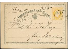 1875, Ganzsachenkarte 2 Kr. gelb mit waagrechtem Paar 5 Kr. karmin, rückseitige Zusatzfrankatur, als Einschreibe-Karte aus CI