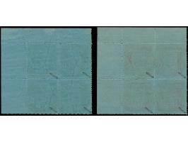 1942, Wappen ½ P. grün und 1 P. dunkelrot graublauem Papier, jeweils im Viererblock aus der rechten oberen Bogenecke mit Boge