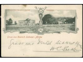 "DSP LINIE DEUTSCH-SÜDWESTAFRIKA CAPSTADT 26 8/0 2", zwei Abschläge auf senkrechtem Paar 1900, 3 Pfg. (teils um den Rand gekl