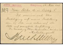 1900, Karte 20 Para mit Firmenlochung "P.M.", mit Stempel "SMYRNA 24/4 02" nach Leipzig, mit Ankunftstempel&nbsp;