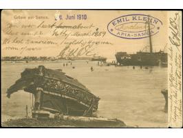 1900, Kaiseryacht 3 Pfg., 5 Pfg. und 10 Pfg., auf Ansichtskarte von “APIA / SAMOA / 27.6.01” mit Vermerk “via AUSTRALIEN.” na