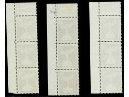 1956, Stadtbilder 25 Pfg., drei senkrechte Dreierstreifen jeweils aus der rechten oberen Bogenecke mit Druckerzeichen “5”, “7