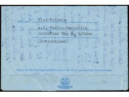 1956, Stadtbilder 10 Pfg., sechs Einzelwerte mit Stempel “BERLIN ZENTRALFLUGHAFEN b 23.8.57” auf Vordruck-Luftpostleichtbrief