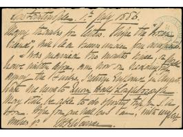 1886, 20 para black on rose postal stationery card answering part used uprated with 1 pia. blue, cancelled with clear "CONSTA