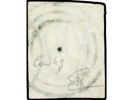 Luxemburg, target cancel in green (pointe perforante) on 1852, 10 c. deep black, clear to large margins, small faults. Opinio