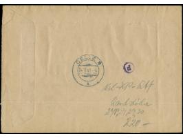 1949, Rotaufdruck 10 Pfg. aus der rechten oberen Bogenecke mit nicht durchgezähnten Plattendruck-Oberrand sowie 25, 40 und 50