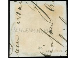 1851, 3 Kr. auf lebhaftolivgelb, Type V, allseits breitrandig, farbfrisch mit schwarzem DKr. “SCHWENNINGEN” auf Briefstück, i