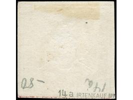 1859, 9 Kr. mittelrotkarmin, allseits vollrandig, aus der rechten unteren Bogenecke stammend mit verdickten Randlinien rechts