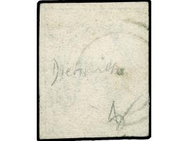 Diekirch, target cancel in green (pointe perforante) on 1852, 10 c. deep black, good margins, vf. Opinion Böttger BPP (2018)