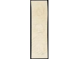 1852, 1 sgr. brown red, vertical strip of 3 with good to large margins, neattly cancelled by circle of bars. Top stamp faint 