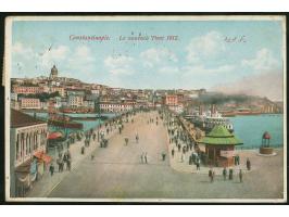 1914, Turkey pair 2 pa. violet, 5 pa. brown and 10 pa. green tied to postcard from Constantinople by "BUR. AMB. MARITIM ROMAN