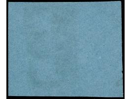 1859/61, 1 Gr. auf blau, allseits breitrandig mit 12 mm Bogenrand links, mit blauem Ra2 “VAREL 3.5.” entwertet. Die farbfrisc