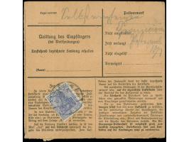 „MOTZISCHKEN * (Kr. RAGNIT) * -9.1.20“ vorderseitig als Ankunftsstempel auf Nachnahme-Paketkarte aus Elbing, etwas fleckig, e