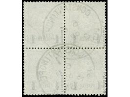 1884, Aufdruck auf Pfennig Aufdruck schwarz 1 Pia. auf 20 Pfg. lebhaftviolettultramarin, Viererblock mit Plattenfehler “breit